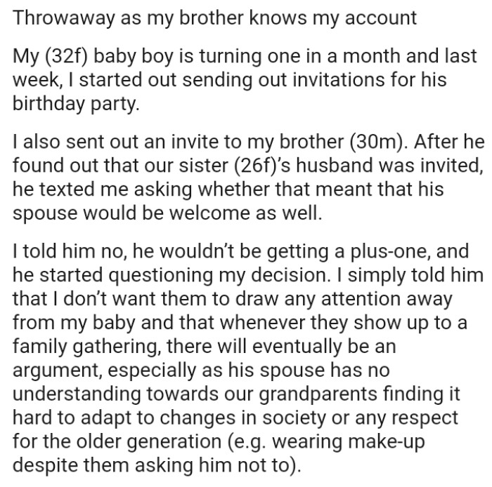 OP's brother texted her asking whether that meant that his spouse would be welcomed as well