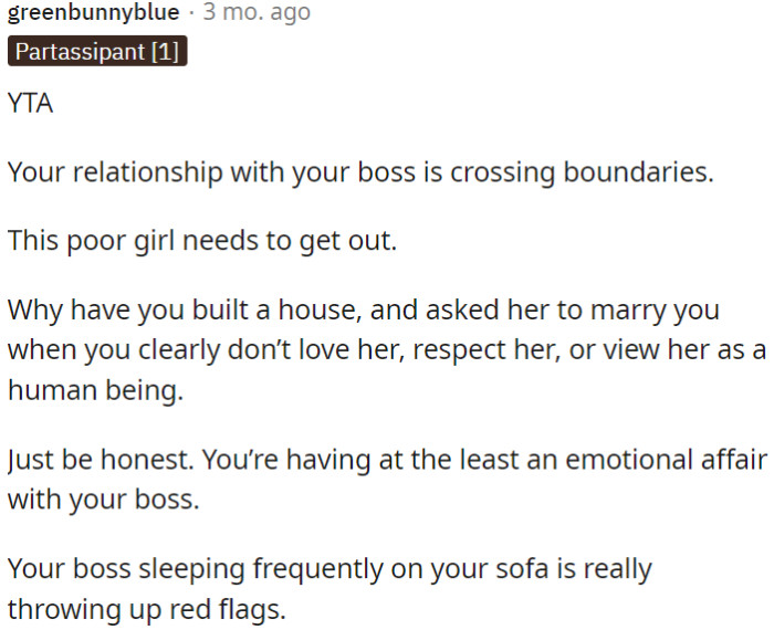 The boss frequently sleeping on OP's sofa is a major concern.