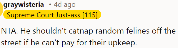 He shouldn't adopt stray cats if he can't afford their care.