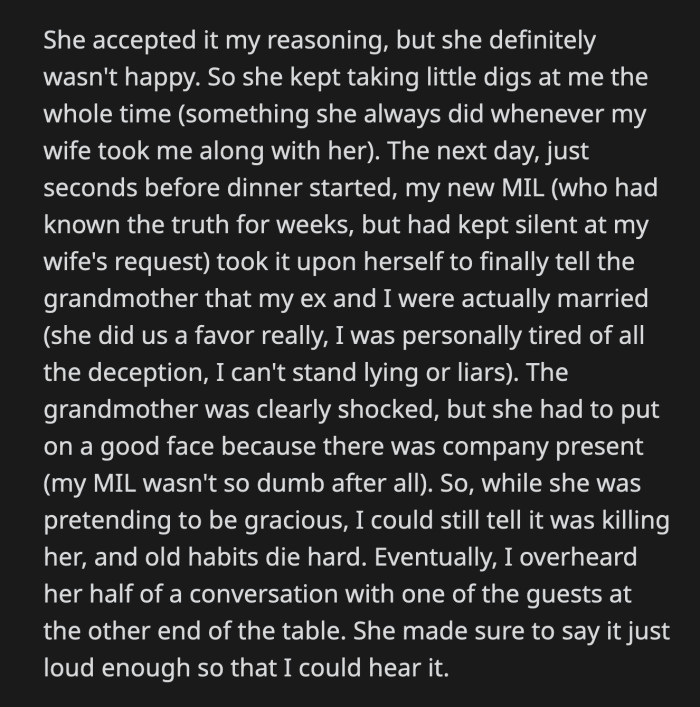 Before he left, he heard his wife's grandma announce, 