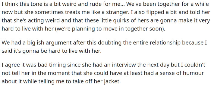 OP had planned to take the clothes to her the next time he visited her since she lives in another country, but since it was a lot of clothes, he thought wearing one of the jackets inside his oversized winter coat would save some space.