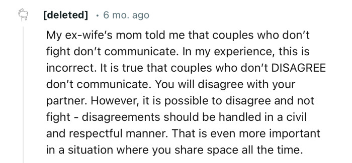 “You will disagree with your partner. However, disagreements should be handled in a civil and respectful manner.”