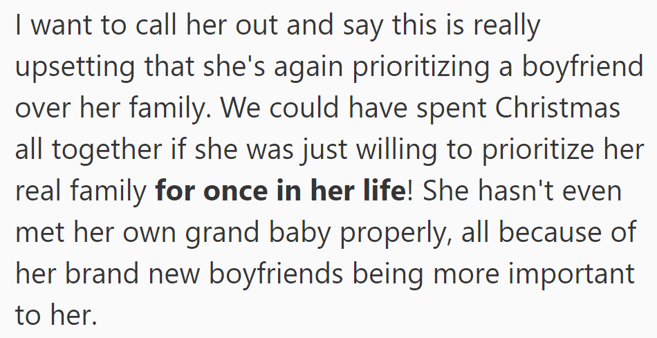 OP is upset that MIL prioritizes her boyfriend over family, missing out on family gatherings and bonding with her grandchild.