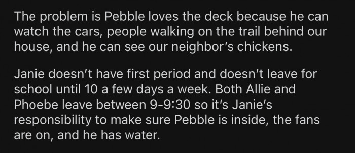 It was Janie's responsibility to let Pebble inside.