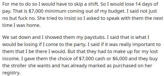 OP's parents demanded she skip a shift and come to the party, so OP offered them an alternative: