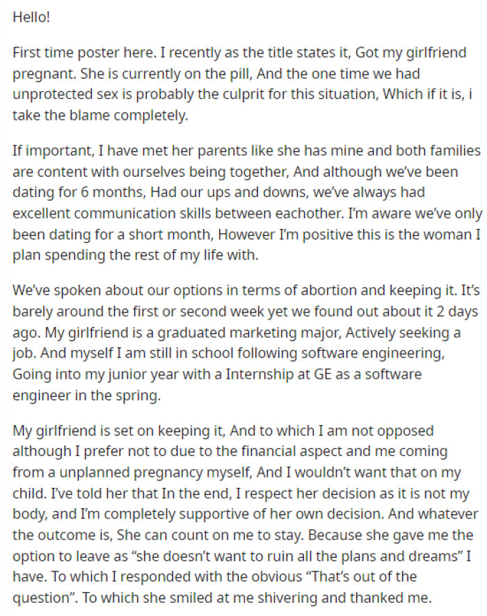 OP's post was pretty straightforward and overall discussed their situation and the news they found out while also addressing his possible concerns about it.