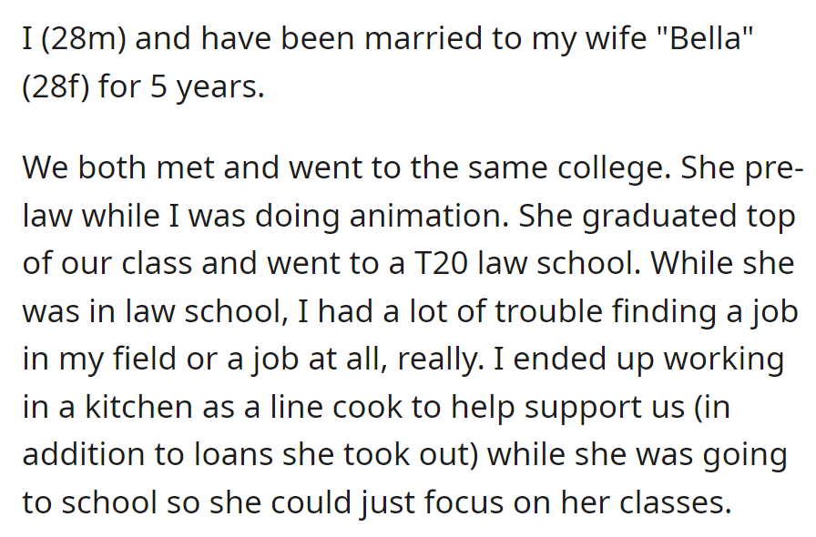OP has been married for 5 years; he supported his wife, 