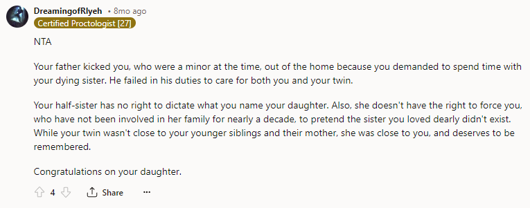 Your half-sister has no right to dictate what you name your daughter.
