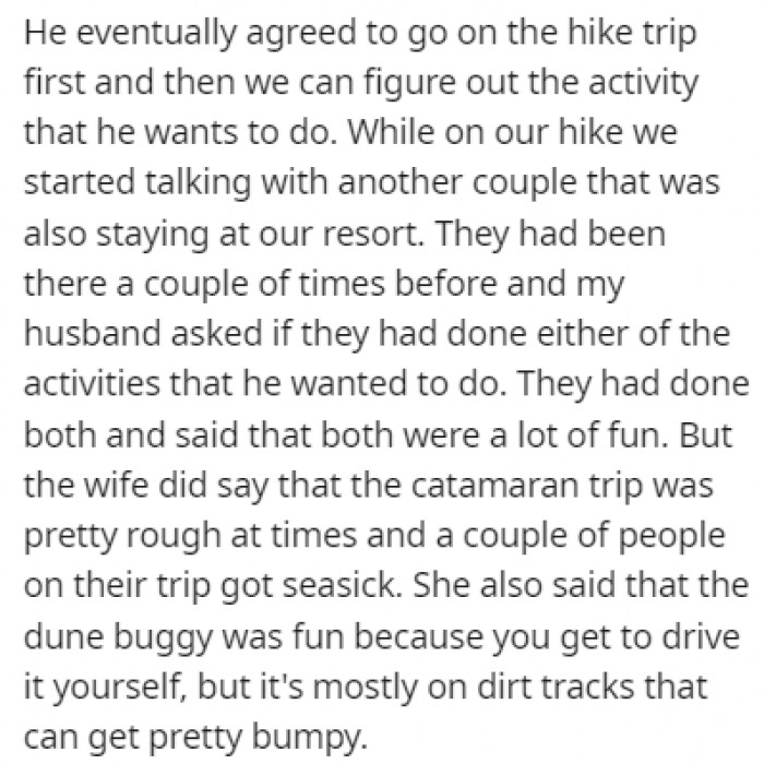 The husband eventually agreed to go hiking with OP, where they met another couple that participated in those same activities