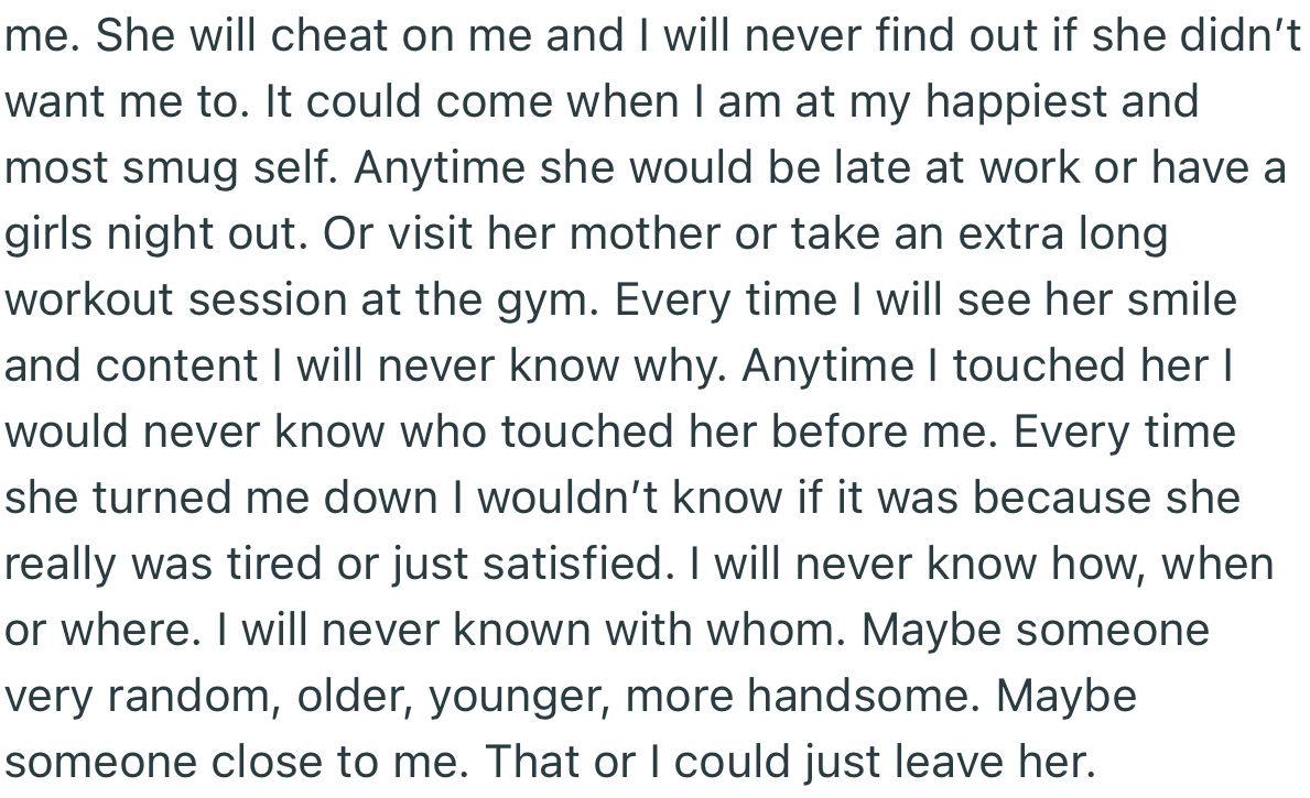 The problem was, OP’s wife promised to cheat back