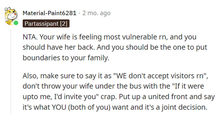 Support the wife, set boundaries with family, and present a united 