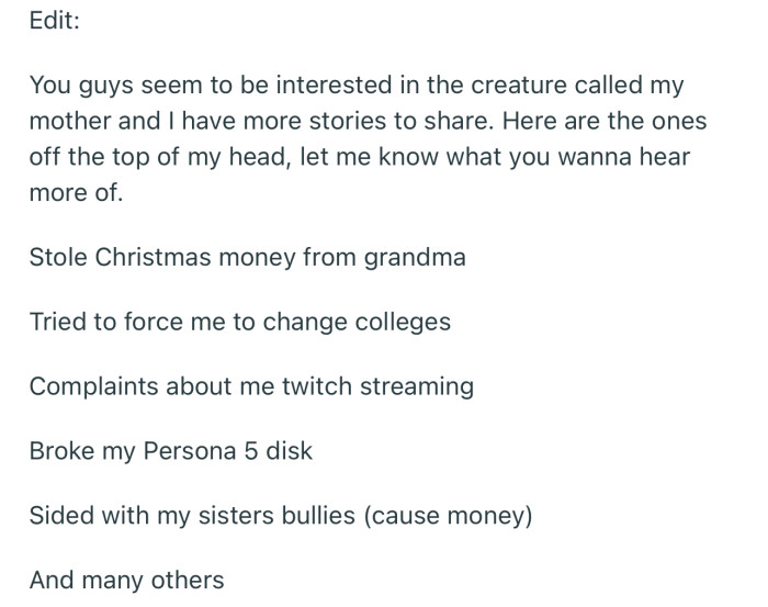 OP had more shocking things to reveal about their mom