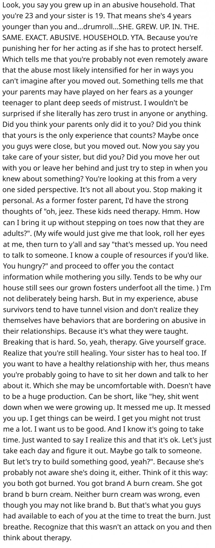 12. She has forgotten that her sister also grew up in an abusive home and may have trust issues.