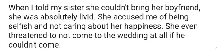 Upon Hearing This Decision, OP's Sister Became Upset and Threatened Not to Attend the Wedding