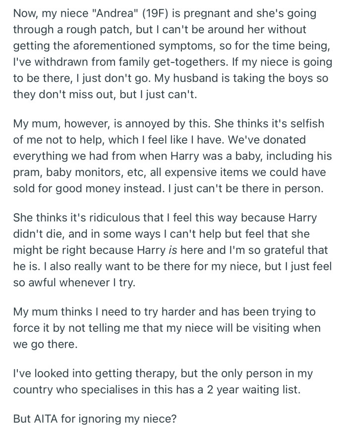 Now OP's Niece Is Pregnant. But Rather Than Help Out, OP Has Decided to Withdraw From All Family Gatherings for the Sake of Her Mental Health