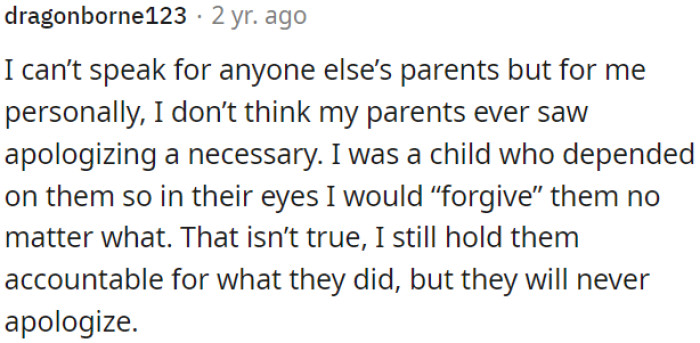 Many parents never felt the need to apologize