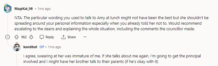 Definitely get the principal involved. You shouldn’t have been made to apologize to her. She should not be going around spreading your medical information nor lying about it, and she needs to be reprimanded. What you did was perfectly okay.