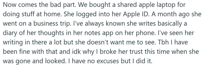 The OP read some of his wife's diary.