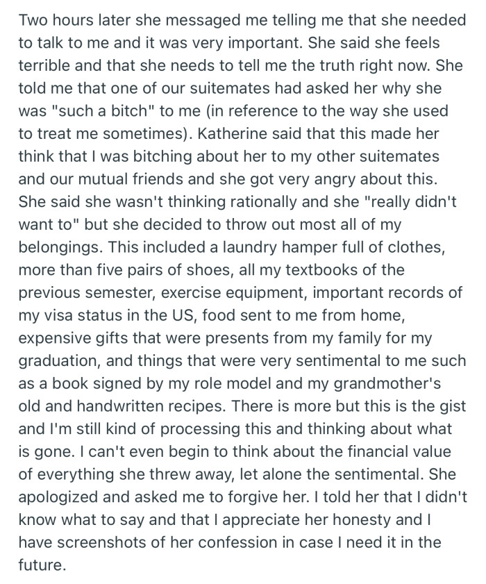 OP’s roommate later confessed to throwing away her belongings