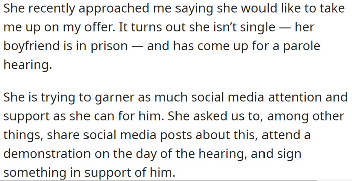 However, the co-worker recently came to the OP, expressing her interest in accepting the proposal the OP had previously made.