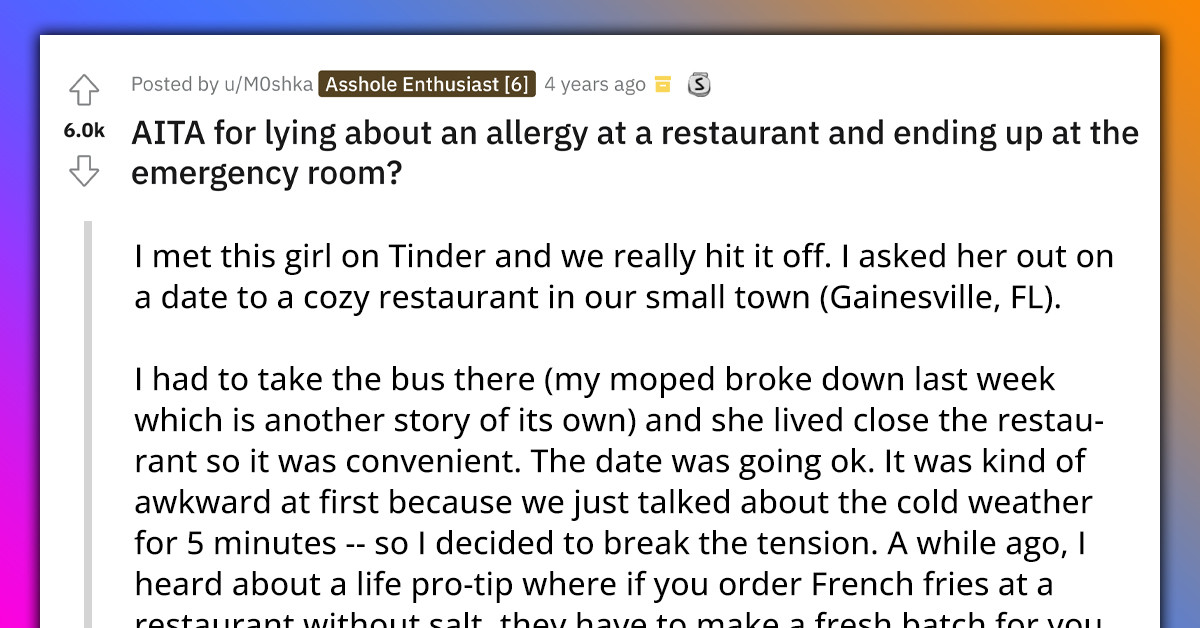 Guy Ends Up Stuck With A $500 Hospital Bill After Faking An Allergy In Order To Get Fresh Food At A Restaurant