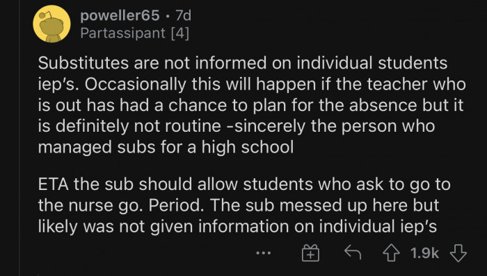 If someone needs to see the nurse, there should be no excuse to keep them from doing so.