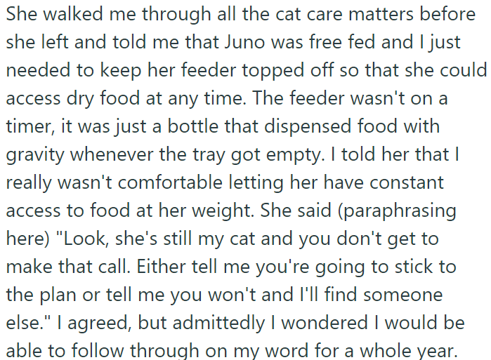She briefed OP on cat care before leaving, mentioning Juno's free-feeding setup with a gravity-fed dispenser. OP expressed concern about Juno's weight and hesitated, but she insisted it was her decision.