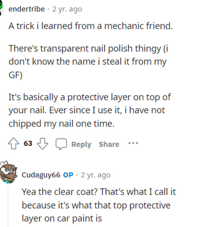 We even received some good advice in the comments section from people who had tricks up their sleeves regarding clear nail polish for protecting the nails.