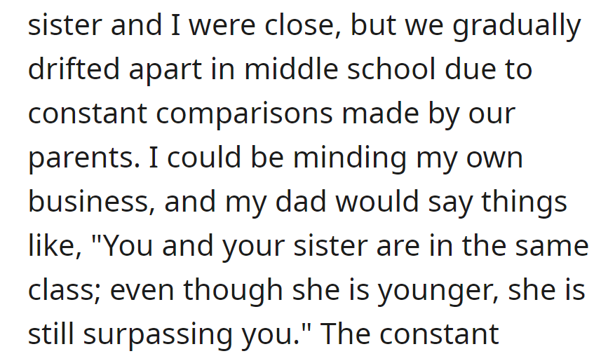 Childhood closeness faded in middle school due to constant parental comparisons, like 