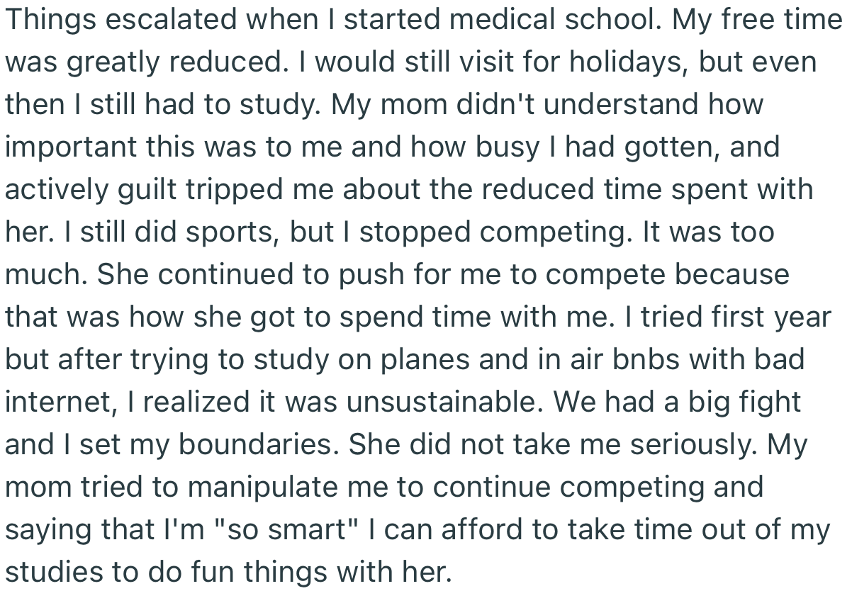 OP Could Stand the Pressure of Being in Medical School and Competing in Sports. However, Their Mother Tried to Guilt-Trip Them to Keep Competing, as It Was the Only Bonding Time She Got with Her Child