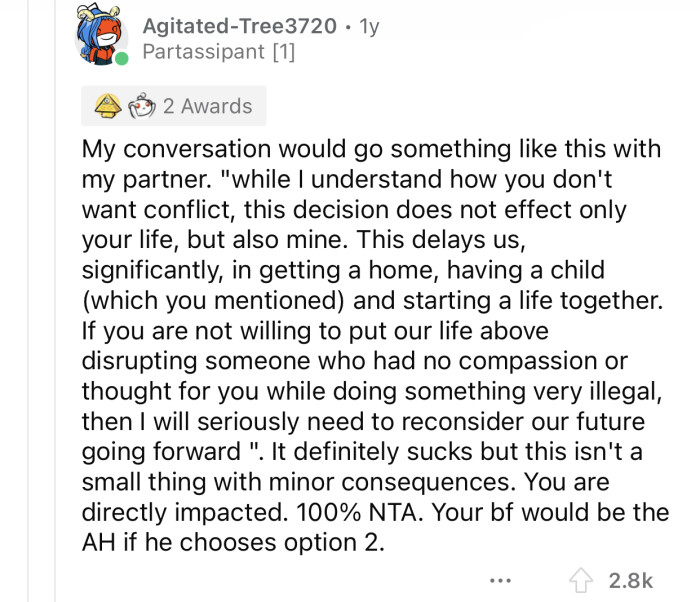 The boyfriend will be the a-hole if he insists on not addressing the issue.