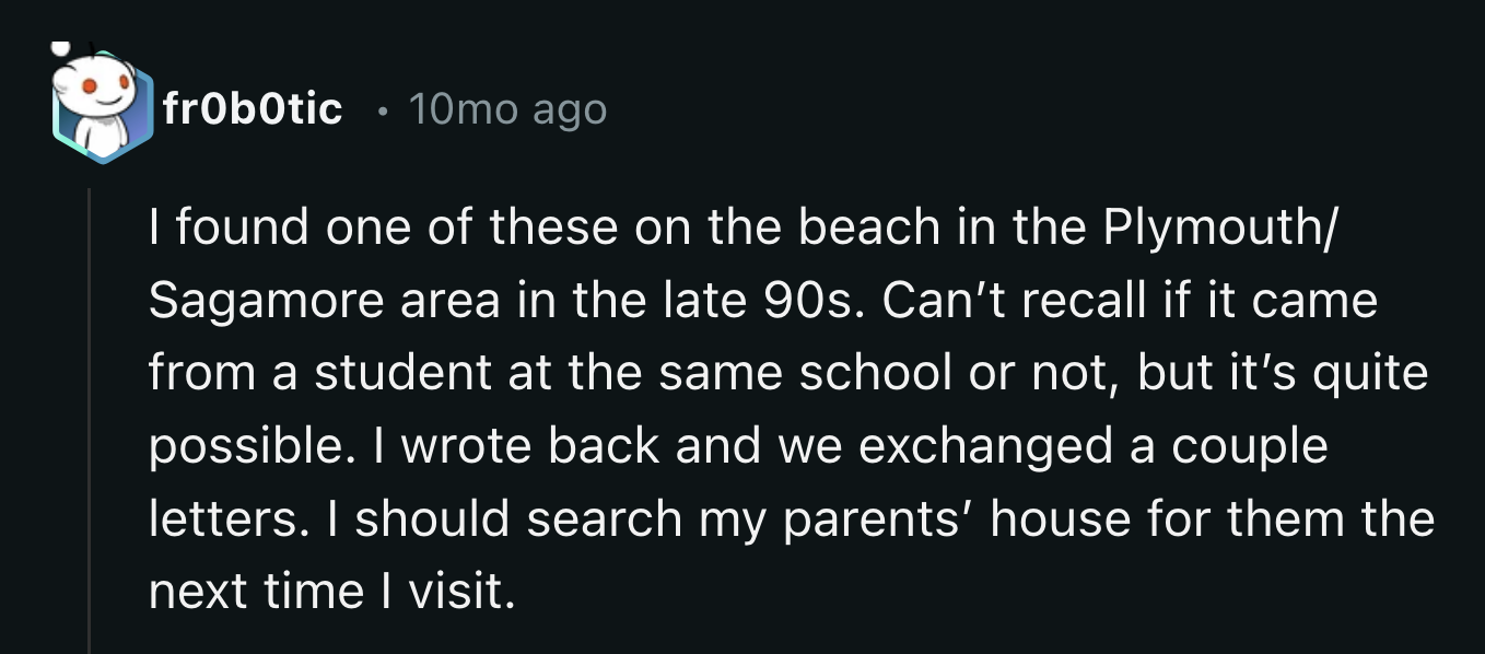 According to one other teacher from the school, Lyons's letter was one of many discovered by random beachgoers. They even had one returned from Greenland!