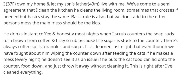 OP owns her home and allows her son's father to live with her. Despite coming to a semi-agreement on cleaning duties, the man's habits and attitudes toward cleanliness have been a source of tension.