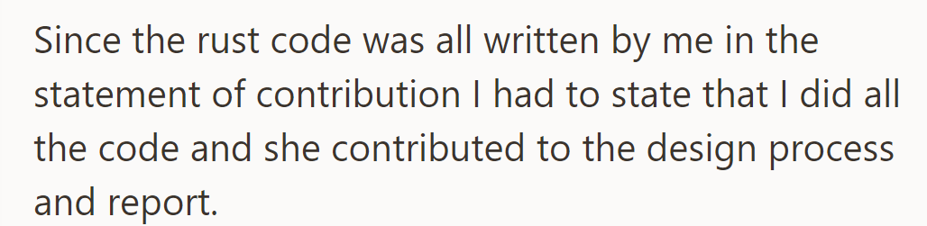 He stated that he wrote all the Rust code, while she contributed to the design process and report.