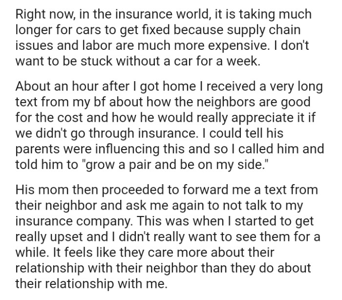 The OP received a very long text from her BF about how the neighbors are good for the cost