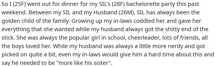 OP attended her sister-in-law's bachelorette party. OP and her husband, 26, have both achieved high levels of success and live a comfortable life.