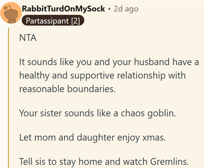 A calm vote for boundaries paired with a sharp reminder that some siblings bring holiday chaos like it is a tradition.