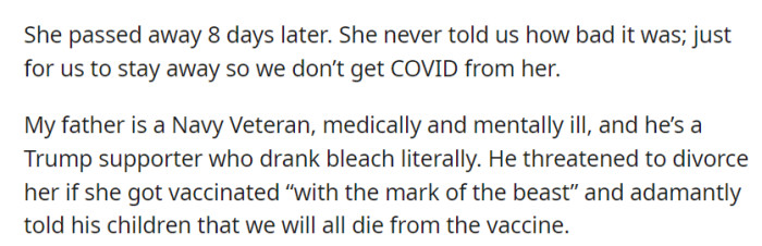 OP's mother's COVID-19 death raised unanswered questions, while her father's extreme anti-vaccine stance caused family strife.
