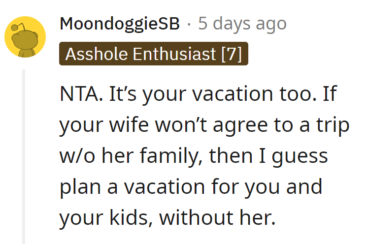 If the wife insists on the in-law escapade, it's time for a solo adventure with the kids. A drama-free vacation, just the way they like it.