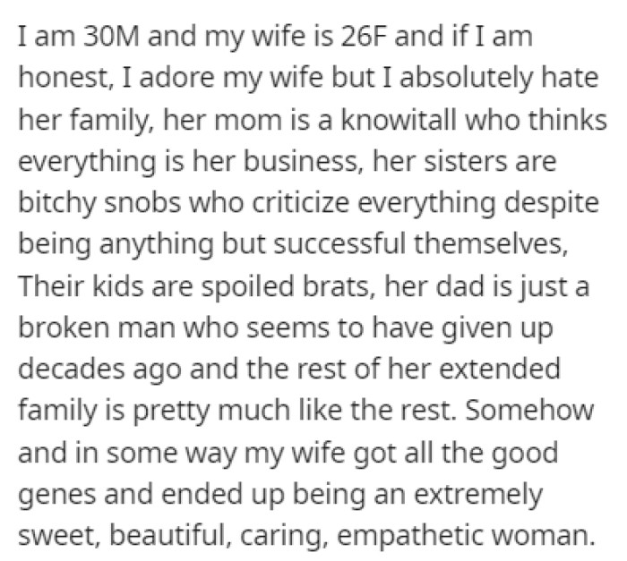 OP loves his wife, but he can't stand her family