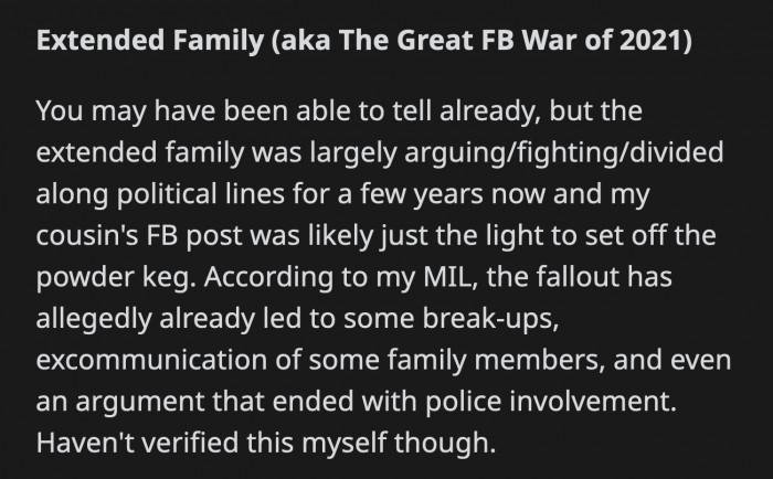 The Kung-Pao Incident has led to the Great Facebook War of 2021, with a lot of infighting.