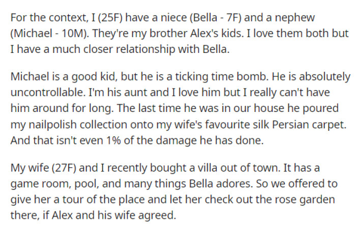 OP starts off by giving us a rundown of her family, their ages, and how she feels about her niece and nephew.