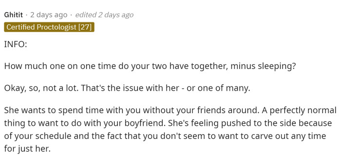 This person needed a bit more information and then replied with a huge opinion on how they feel about this situation following OP's response below.