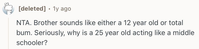 “NTA. Brother sounds like either a 12 year old or total bum.”