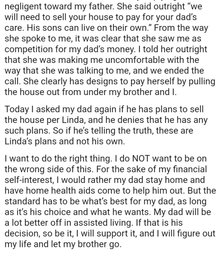 It was clear that she saw the OP as competition for his dad’s money