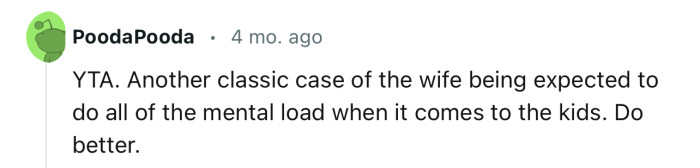 This Redditor Has Slammed OP for Expecting His Wife to Do All the Work When It Comes to Their Kids