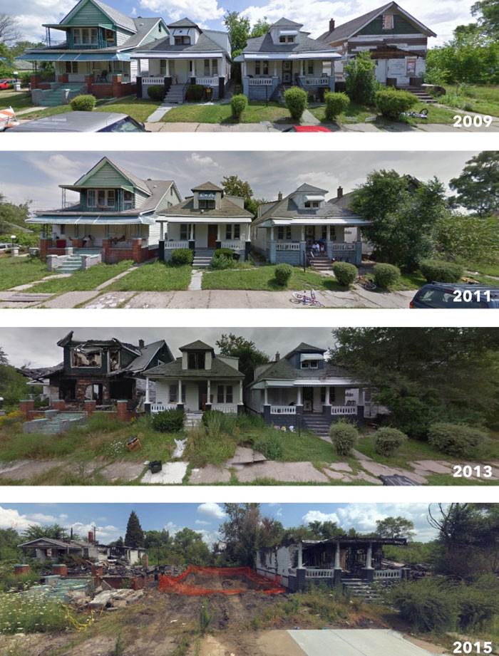 "This Series / Blog, Which Takes Google And Bing Street View Photos Before And After The Collapse Of Detroit"