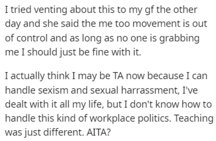 OP's girlfriend told her that she overreacted