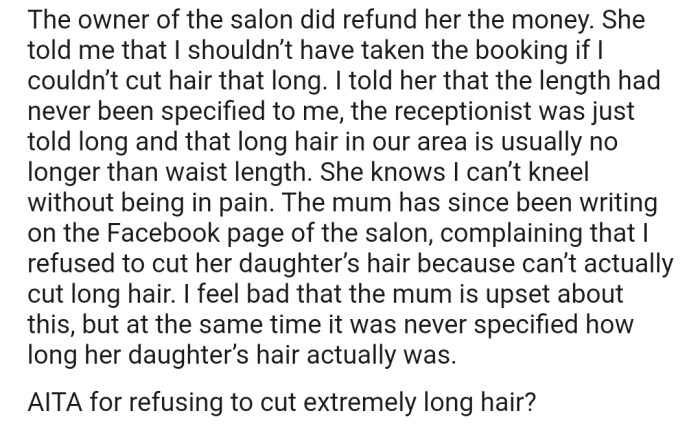 The client later got a refund from the owner, but that wasn't enough. She decided to take the fight to the salon's Facebook page.