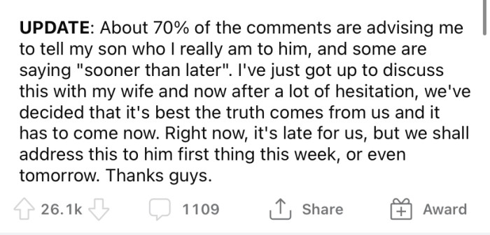 In a later update, the OP said he had decided to tell Josh the truth and would be doing so very soon.